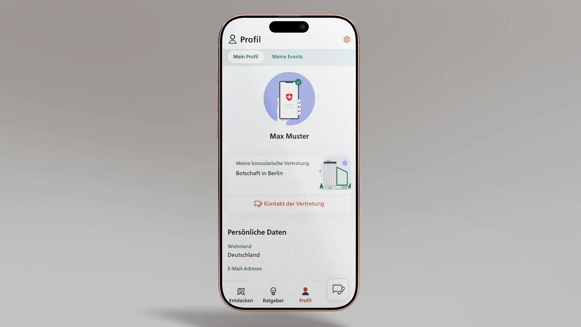 Das Bild zeigt ein Smartphone, auf dem die SwissInTouch App geöffnet ist, auf dem persönlichen Profil.