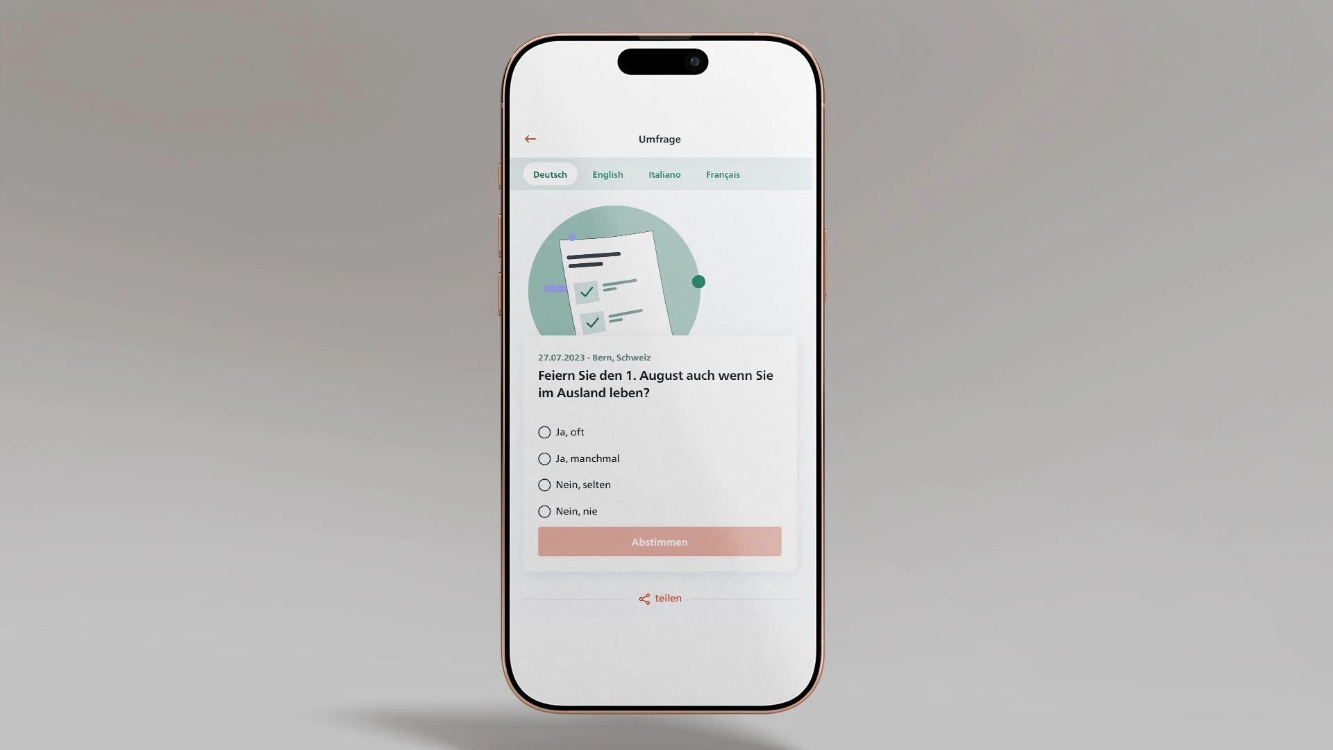Das Bild zeigt ein Smartphone, auf dem die Umfrage-Funktion der SwissInTouch App angezeigt ist.